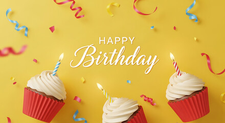 Three cupcakes with candles on yellow background, confetti and ribbons. Festive birthday design, perfect for greeting cards or party invitations Free space for text