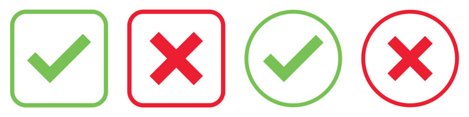Fototapeta premium Set green approval check mark and red cross icons in circle and square, checklist signs, flat checkmark approval badge, isolated tick symbols