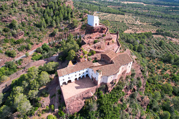 Drone view of Mare de Déu de la Roca de Mont-roig hermitage. Mont-roig, Tarragona, Spain.