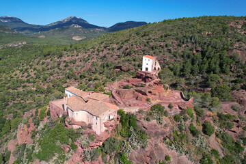 Aerial view of Mare de Déu de la Roca de Mont-roig hermitage. Mont-roig, Tarragona, Spain.