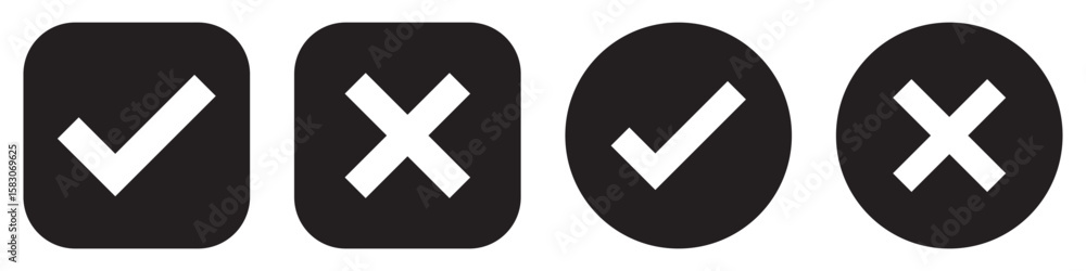 Poster set green approval check mark and red cross icons in circle and square, checklist signs, flat checkm