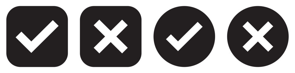 Set green approval check mark and red cross icons in circle and square, checklist signs, flat checkmark approval badge, isolated tick symbols