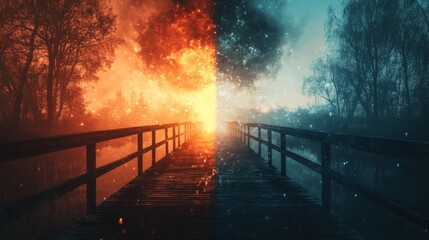 Wooden bridge crossing misty lake separating fire and ice worlds