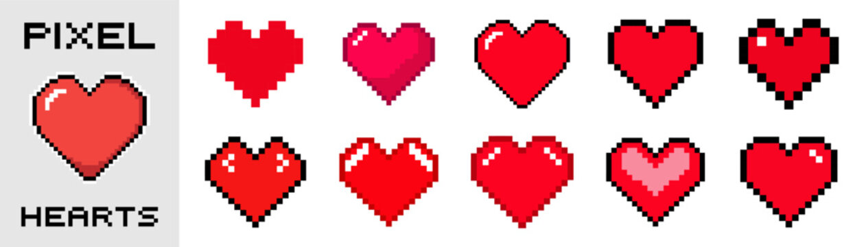 A set of retro pixel hearts icons buttons. Vintage love symbol, 8-bit vector illustration for a computer and internet game.