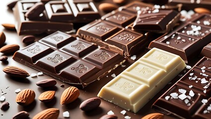 "Artisanal chocolate bars beautifully unwrapped with ingredients scattered"