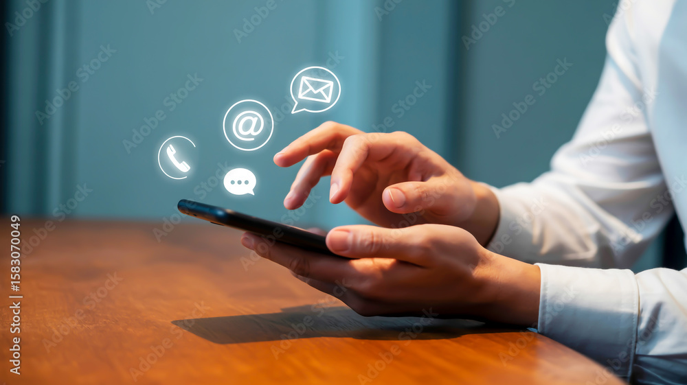 Poster hands using smartphone with communication icons technology
