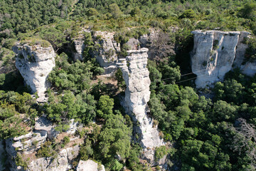 Aerial view of via ferrata Patacons on sunny summer day. Mussara, Tarragona, Spain.