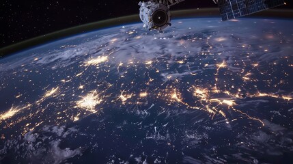 Sleek high tech artificial satellite gracefully orbiting earth amid a stunning starry night sky