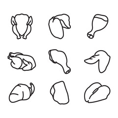 Chicken meat icon set. Line style vector. Contains icons for whole chickens, breasts, thighs, and more.