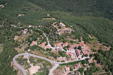 Aerial view of l'Albiol village and the castle on sunny summer day. Tarragona, Spain.