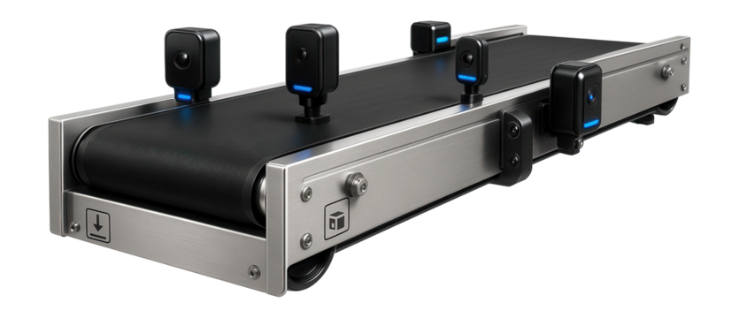 Conveyor belt system with integrated sensors for packaging operations in a logistics center.