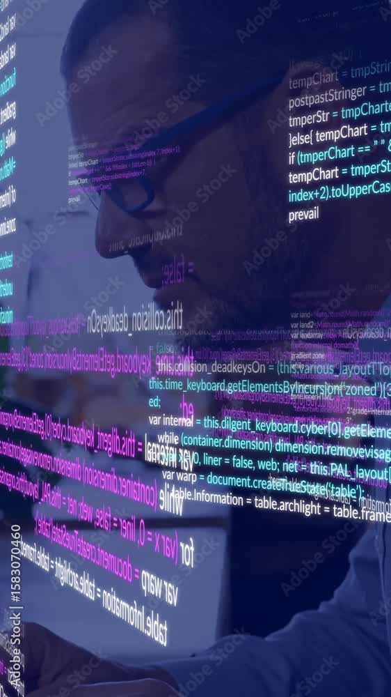 Poster Programming code animation over person working on computer in office