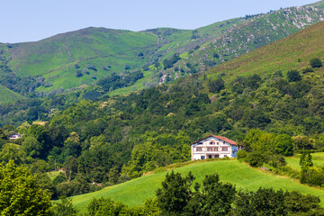 Traditional Basque Houses (Labourdine) Amid Hills around the Village of Sare
