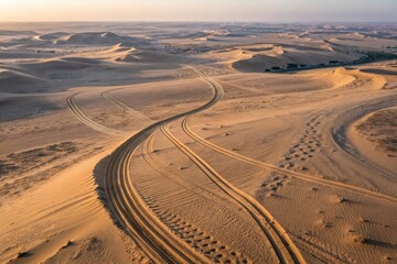 Aerial View of Serene Sand Dunes and Tire Tracks in Golden Desert Landscape