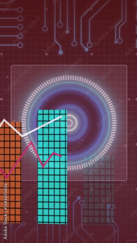 Poster bar and line graphs over digital circuit board and abstract circular animation