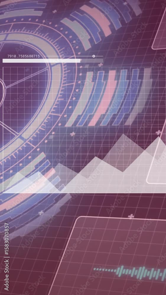 Poster graphs and charts animation over futuristic interface with data visualizations