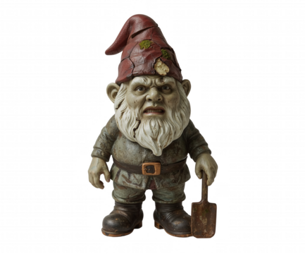 A Grotesque Garden Guardian, Reanimated Gnome with Weathered Features and Grim Expression Displayed
