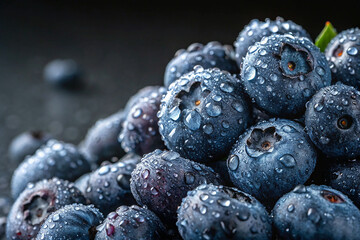 A close-up of glistening blueberries piled high creates a visually captivating scene of fresh, ripe fruit.