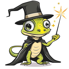 Cartoon lizard dressed as a wizard wea a pointed hat and cloak holding a magic wand with sparkles, fantasy animal character, whical creature illustration