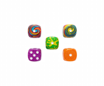 A Set of Multicolored Dice Displaying a Variety of Colorful Patterns and Classic Numbering with a Lucid Realism Touch