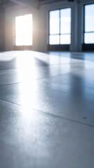 Spacious Empty Room with Sunlight, Reflective Floor, and Windows