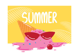 fashionable ice cream wear sunglasses is melting in summer illustration graphic vector