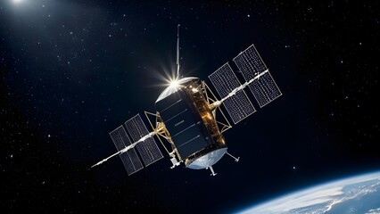 Hight-Tech Artificial Satellite Orbiting Earth.Twinkling Stars. 