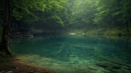 Quiet lake surrounded by forest with an untouched natural beauty