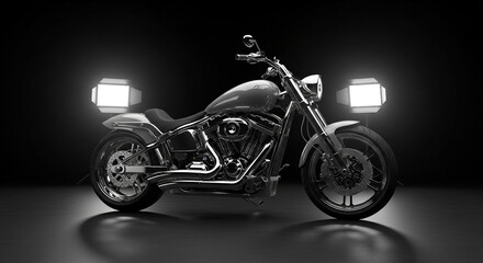 A classic cruiser motorcycle with gleaming chrome details is showcased in a dark studio with dramatic spotlights.