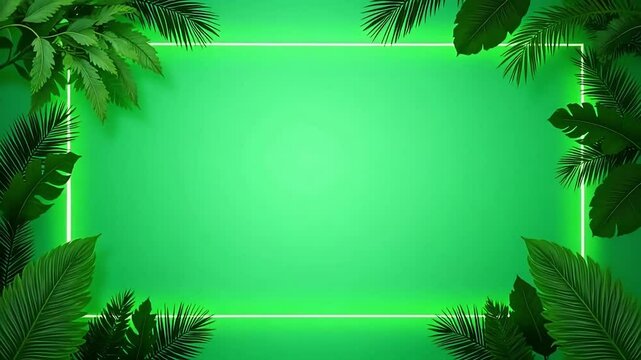 Green screen tropical leaves frame neon light effect background for video and photo editing