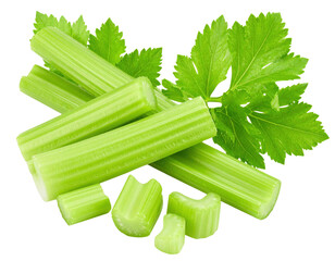 Fresh green celery stalks and leaves arranged together, showcasing their crisp texture and vibrant color.
