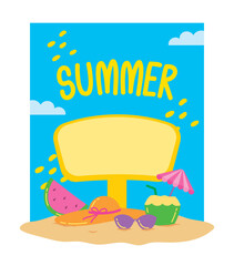 blank signboard with summer elements on blue sky background graphic vector