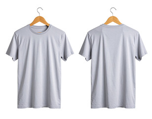 Front and back views of a plain light gray short-sleeve crew neck T-shirt hanging on wooden hangers.