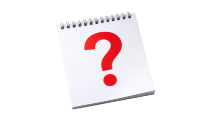 A spiral-bound notepad displaying a prominent red question mark on a white page.