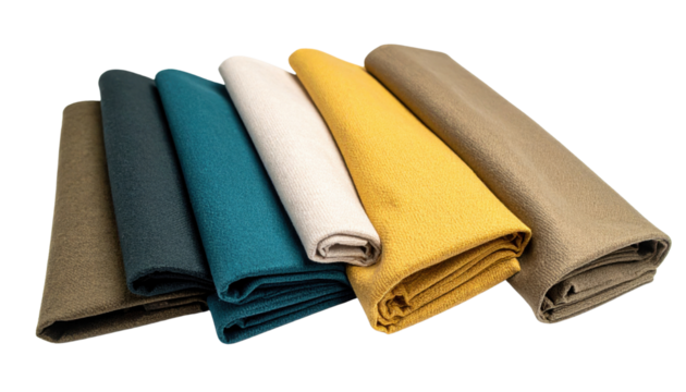 Five folded fabric pieces in various colors, including yellow, teal, beige, and shades of brown, neatly arranged side by side.