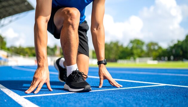 Close-up of runner poised at the starting line
