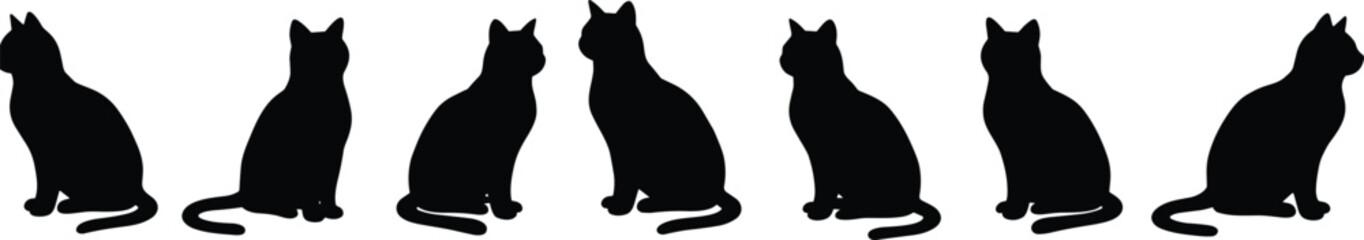 Cats sitting pose cad drawing flat vector illustration, seven identical black feline silhouettesCats sitting pose cad drawing flat vector illustration, seven identical black feline silhouettes