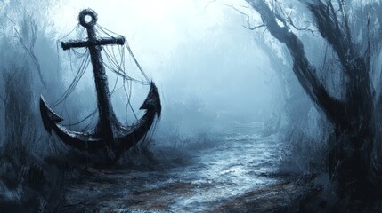 Large rusty anchor covered in cobwebs lies abandoned in a misty, dark forest