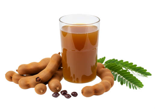 Fresh Tamarind Pods, Seeds, and Tamarind Juice Isolated on Transparent Background

