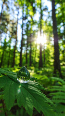 Crystal Water Droplet on Green Leaf in Sunlit Forest