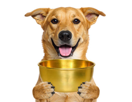 A happy tan dog holds a shiny golden bowl with its front paws, looking eagerly ahead with its tongue out and ears perked.