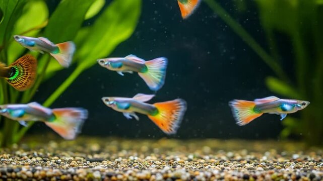 Colorful guppies in aquarium