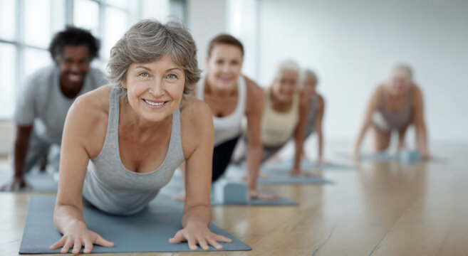 Senior woman leading fitness class doing plank exercise in bright studio