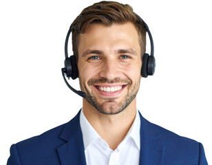 A smiling young man wearing a navy suit, white shirt, and a headset with microphone, looking directly at the camera.