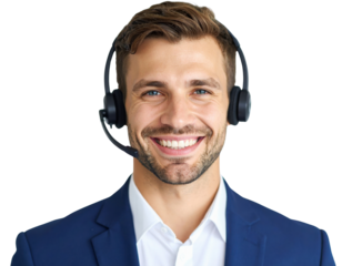A smiling young man wearing a navy suit, white shirt, and a headset with microphone, looking directly at the camera.