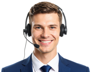 A smiling young man in a suit wearing a headset with microphone, appearing professional and ready to assist.