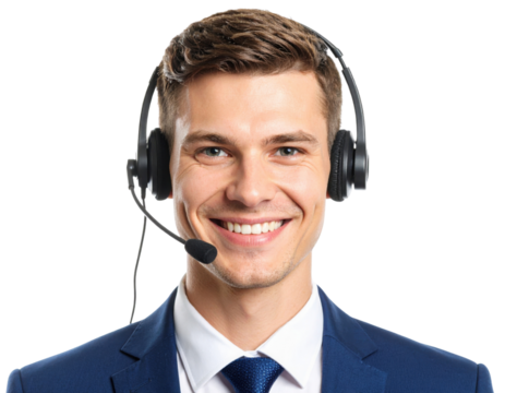 A smiling young man in a suit wearing a headset with microphone, appearing professional and ready to assist.