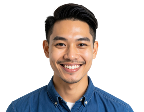 A young man with neatly styled black hair and a well-groomed mustache and beard smiles warmly, wearing a blue button-up shirt over a white undershirt.