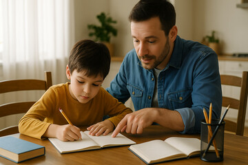 hispanic father helping son with homework