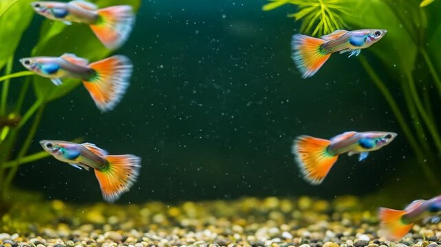 Colorful guppies swimming in aquarium